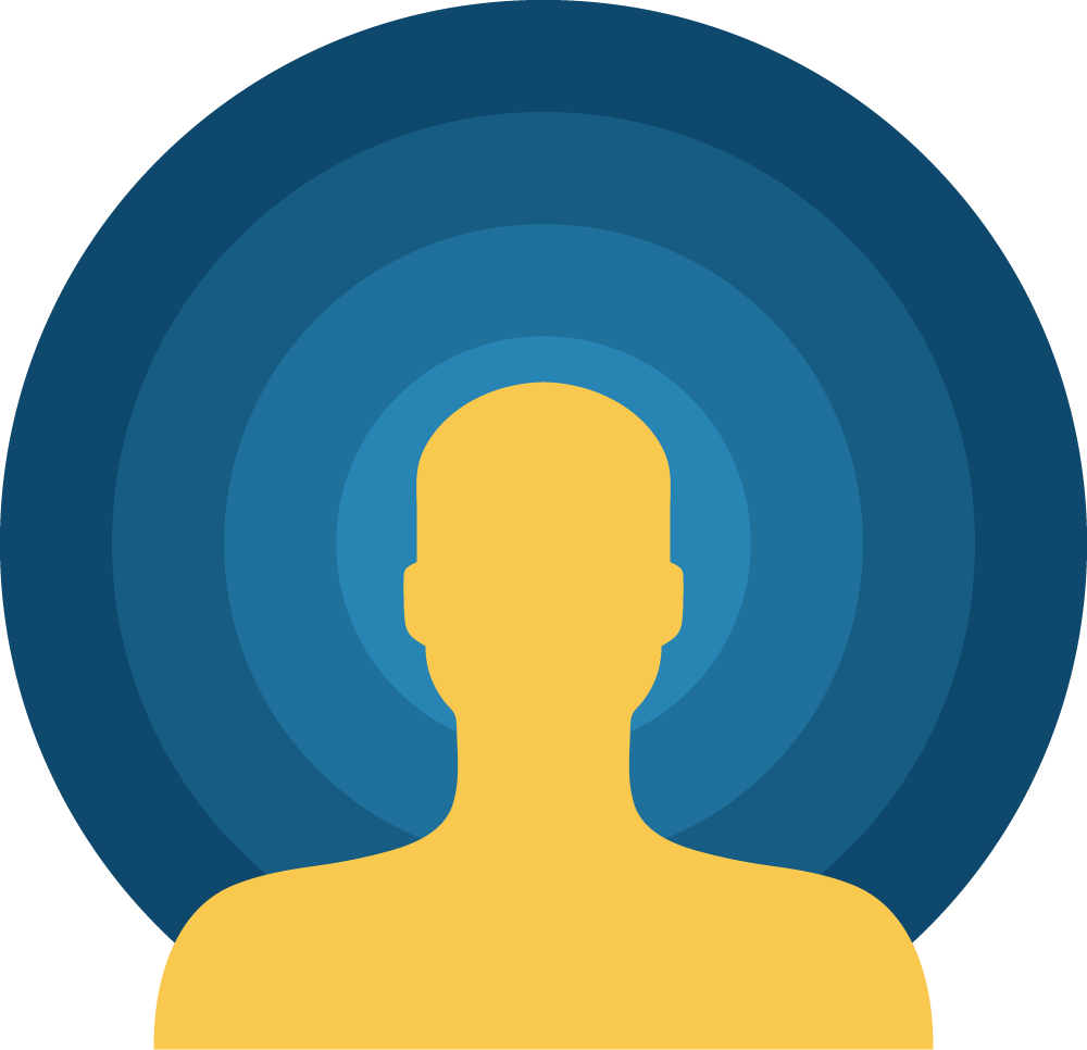 A silhouette of a person's head, in front of a background of concentric circles