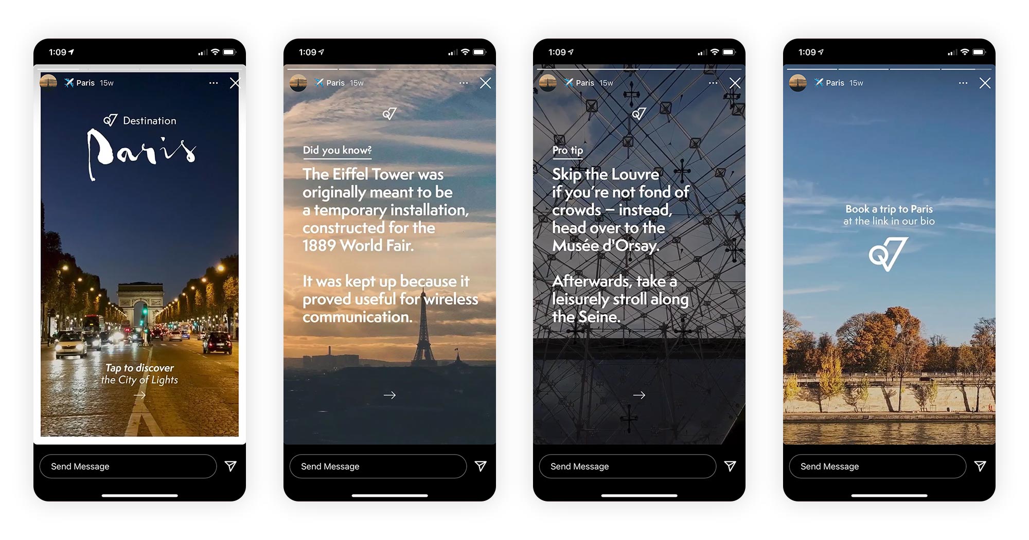 Four successive screenshots, showing the Paris episode of the Destination Instagram Stories series