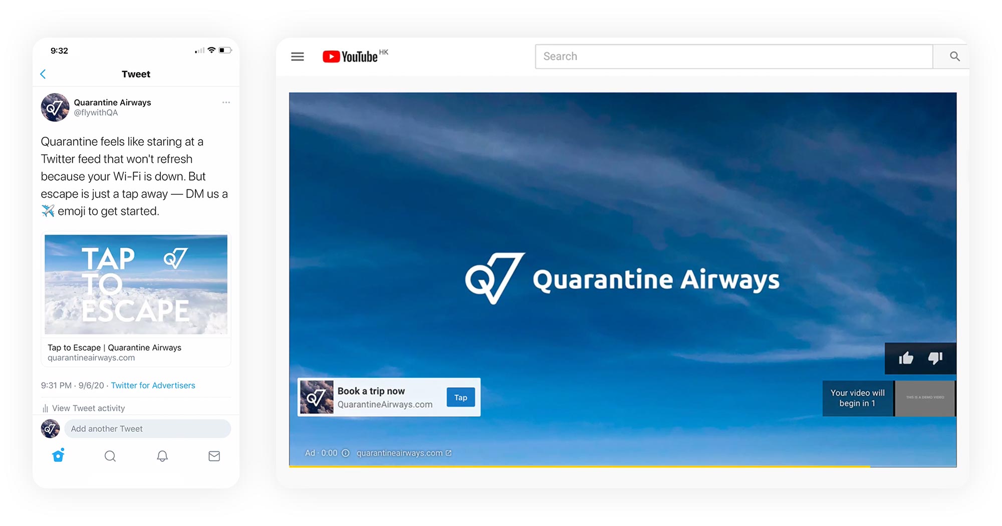 Side-by-side screenshots of Quarantine Airways video ads, with the Twitter ad on the left and the YouTube ad on the right