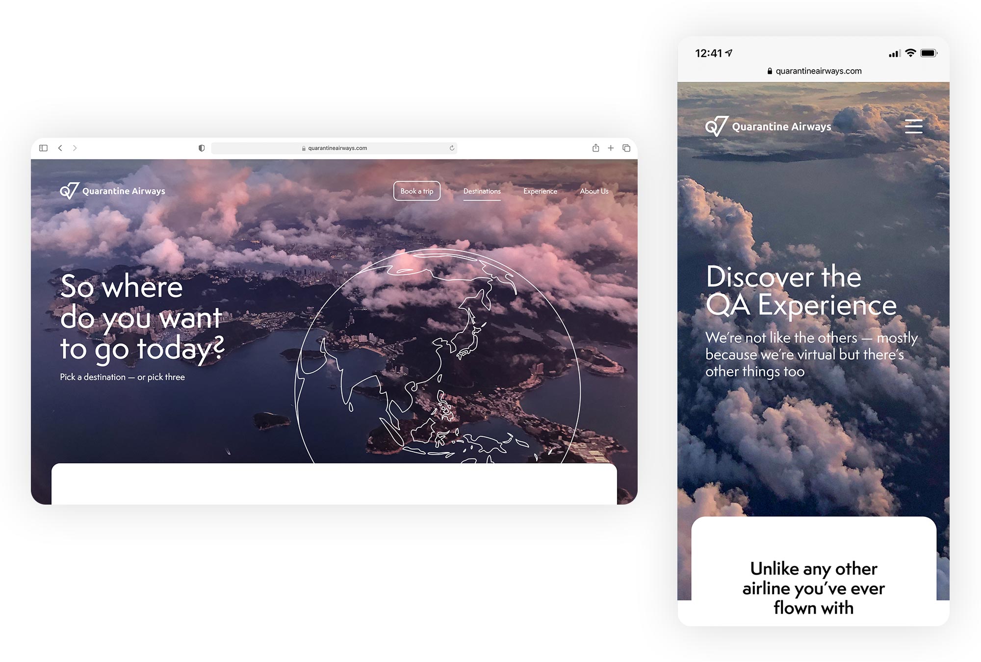 Side-by-side screenshots of the Quarantine Airways website, with the desktop layout on the left and the mobile layout on the right